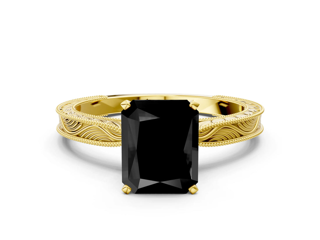 Yellow gold Fancy Black Radiant Cut Solitaire Milgrain Engraved Band with Four-Prong Setting
