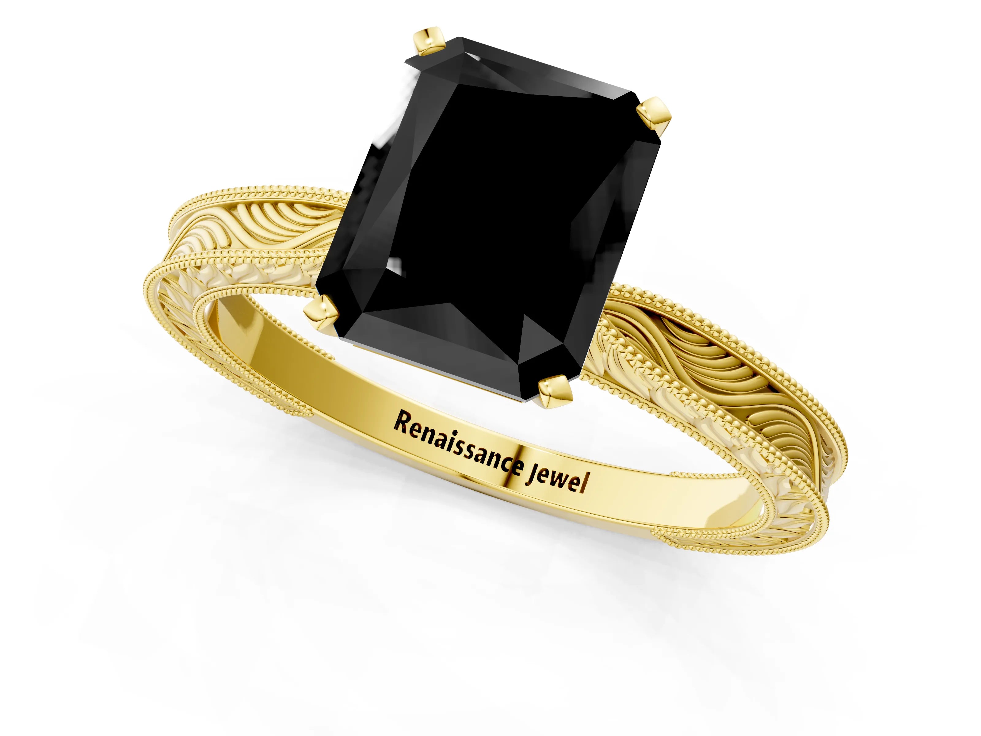 Yellow gold Fancy Black Radiant Cut Solitaire Milgrain Engraved Band with Four-Prong Setting_1