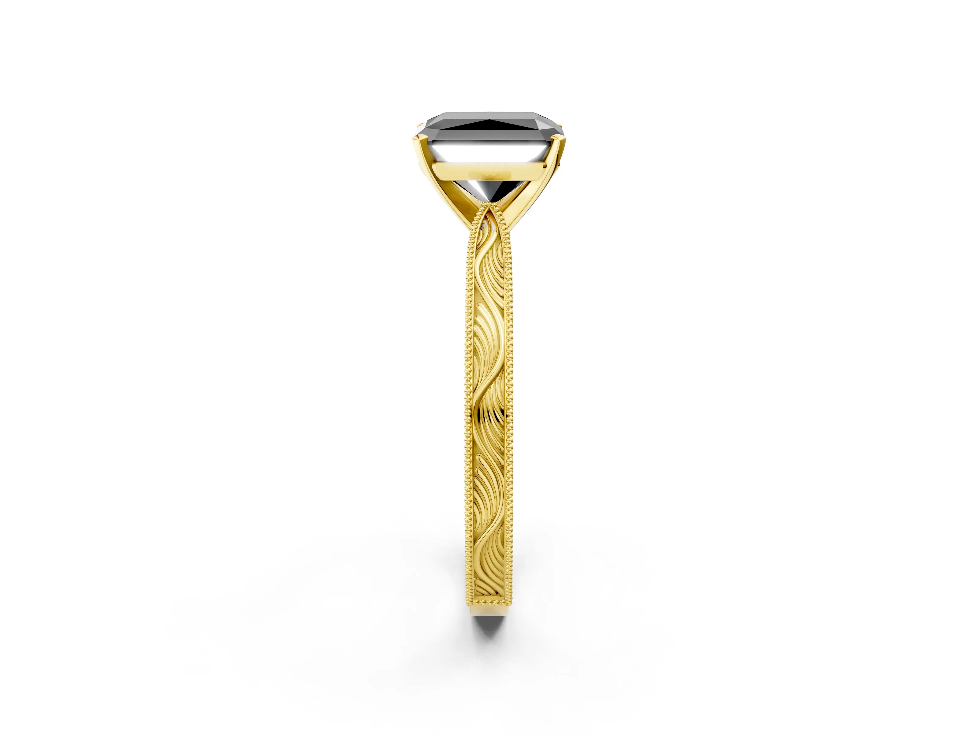 Yellow gold Fancy Black Radiant Cut Solitaire Milgrain Engraved Band with Four-Prong Setting_2