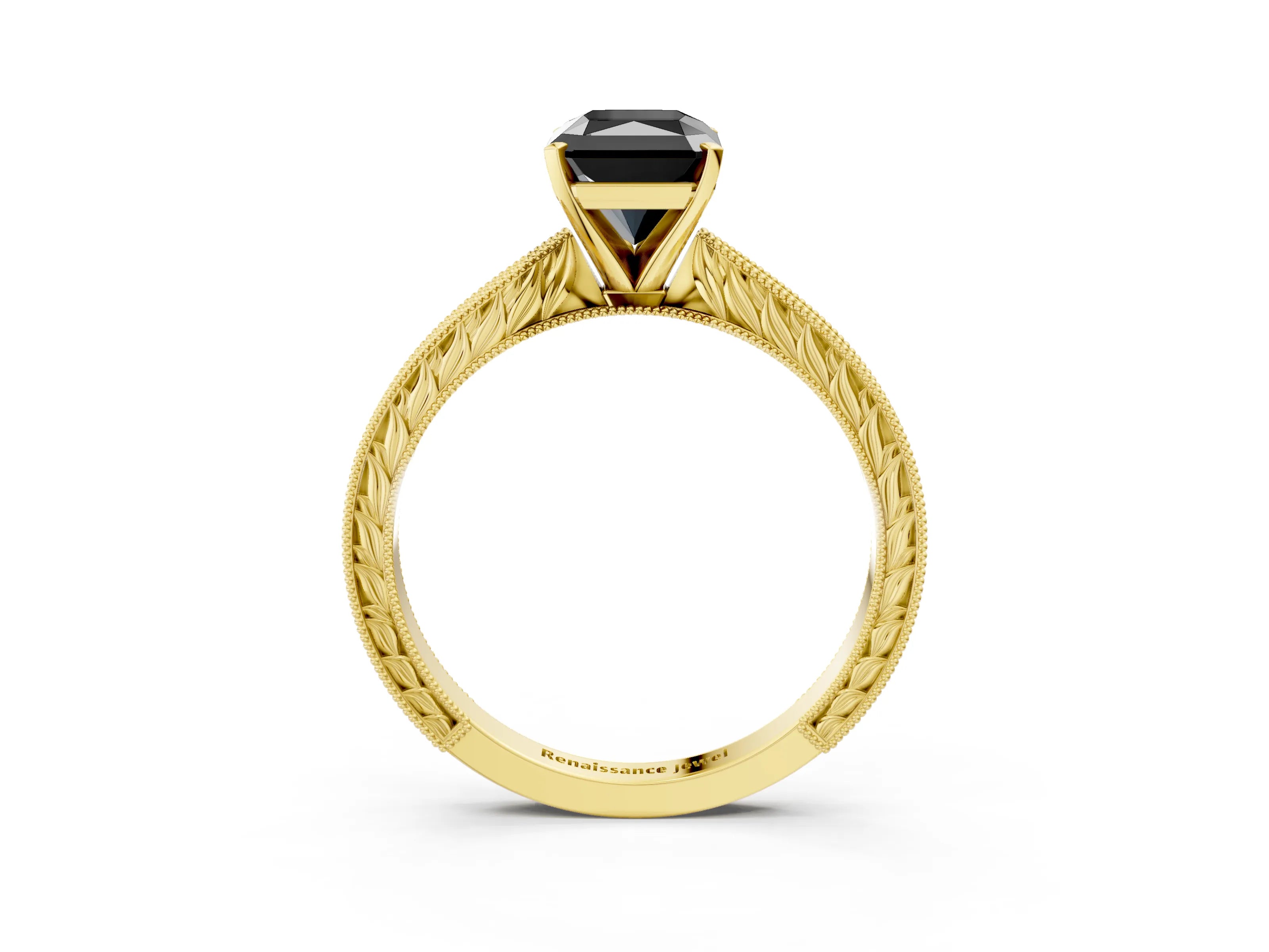 Yellow gold Fancy Black Radiant Cut Solitaire Milgrain Engraved Band with Four-Prong Setting_3