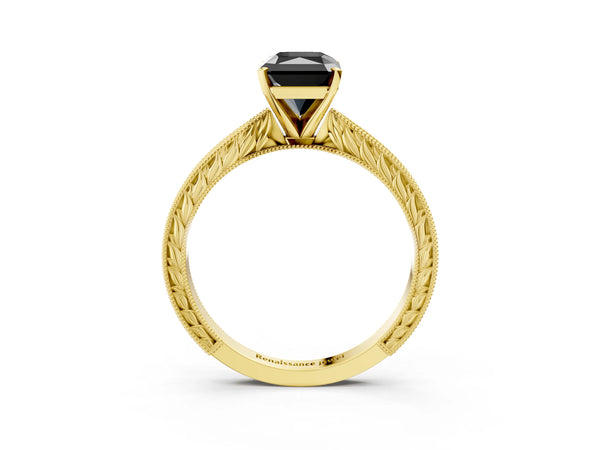 Yellow Gold Radiant Cut Solitaire Engagement Ring Setting for Black Center with Engraved Band