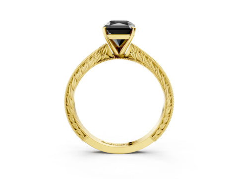 Yellow gold Fancy Black Radiant Cut Solitaire Milgrain Engraved Band with Four-Prong Setting_3