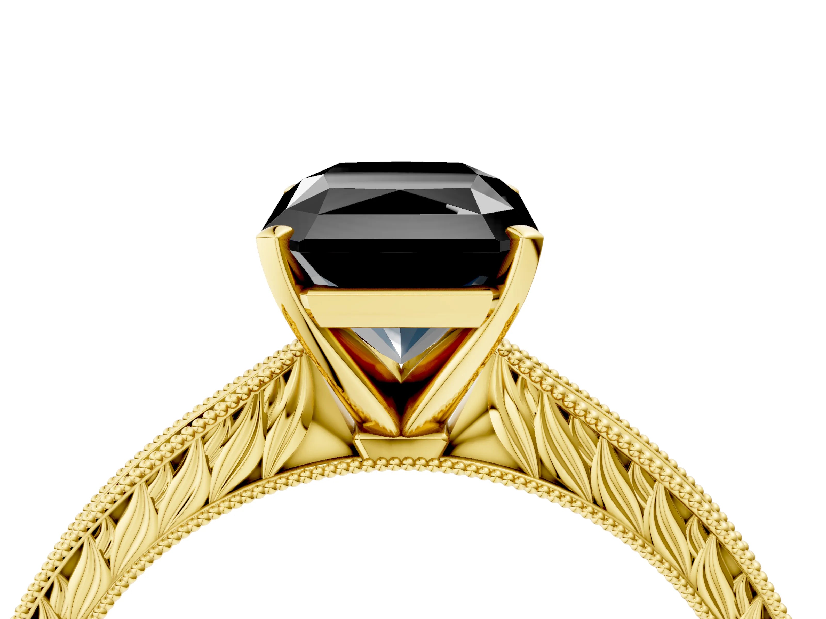Yellow gold Fancy Black Radiant Cut Solitaire Milgrain Engraved Band with Four-Prong Setting_4