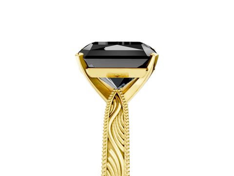 Yellow gold Fancy Black Radiant Cut Solitaire Milgrain Engraved Band with Four-Prong Setting_5