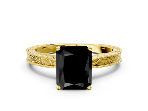 Yellow gold Fancy Black Radiant Cut Solitaire Milgrain Engraved Band with Four-Prong Setting