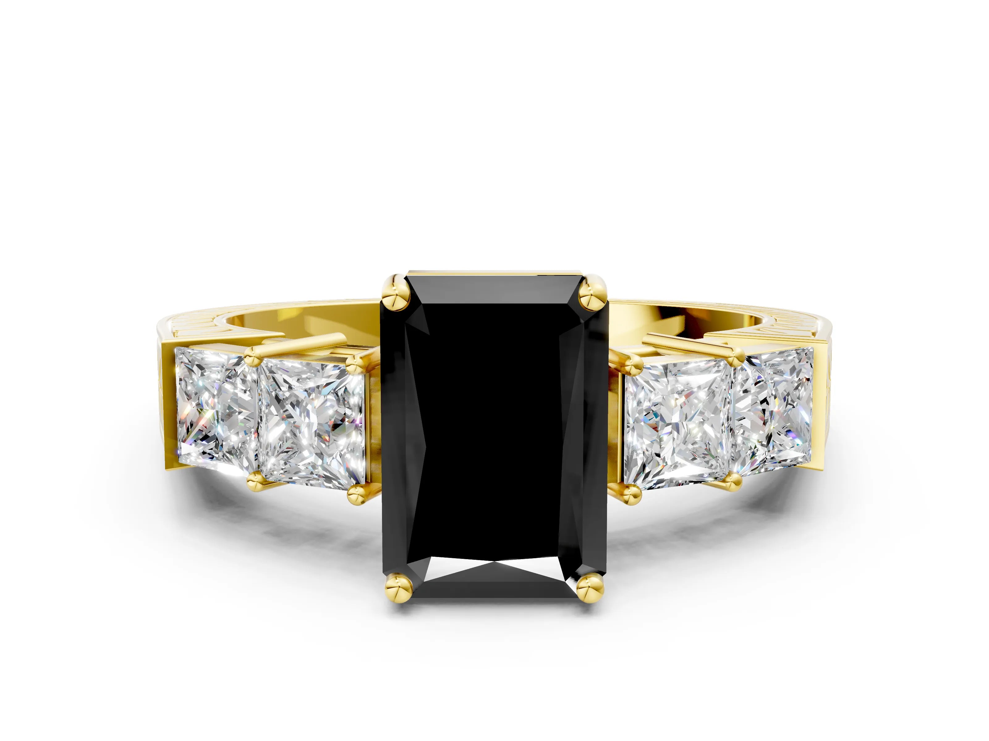 Yellow gold Fancy Black Radiant Cut Solitaire Princess Side Stone Engraved Band Prong Setting Ring