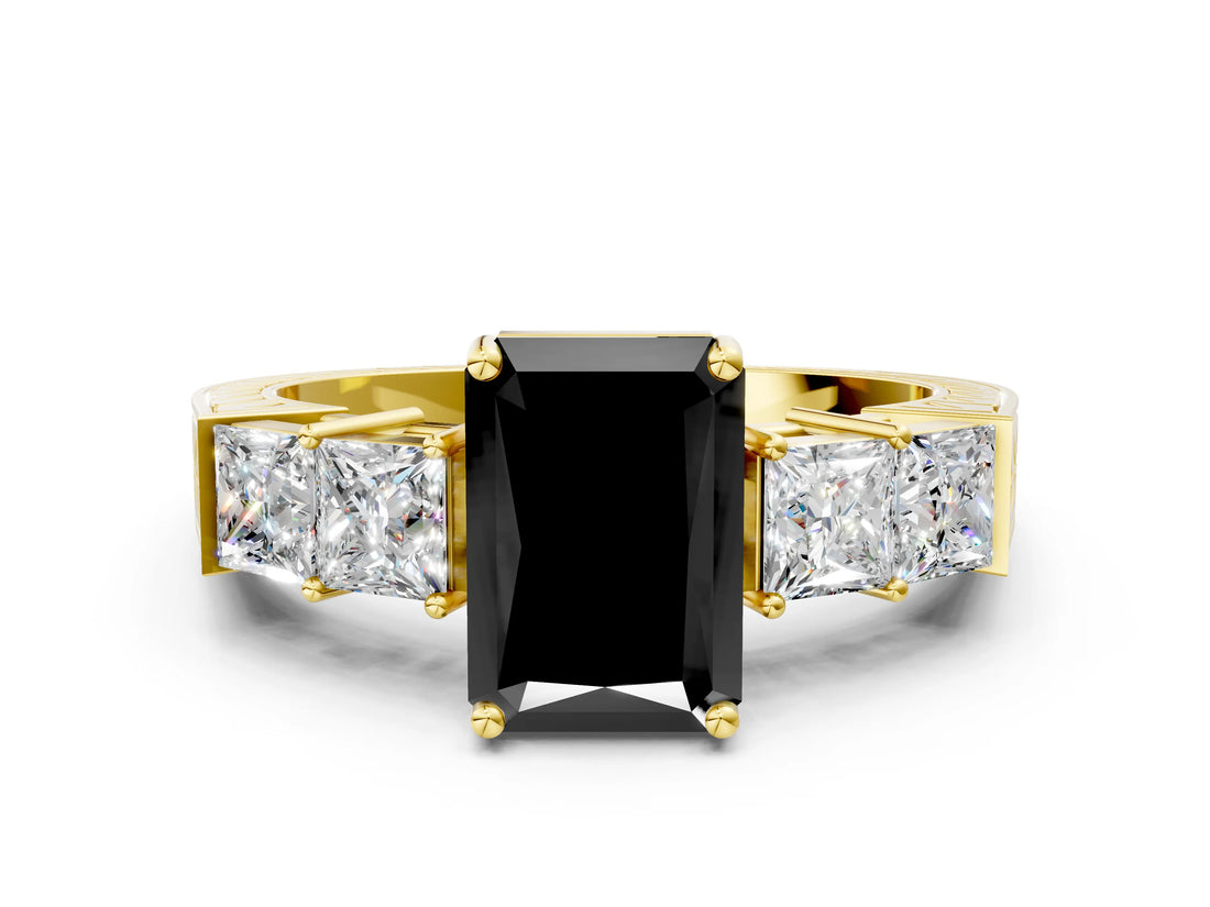 Yellow gold Fancy Black Radiant Cut Solitaire Princess Side Stone Engraved Band Prong Setting Ring