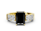 Yellow gold Fancy Black Radiant Cut Solitaire Princess Side Stone Engraved Band Prong Setting Ring