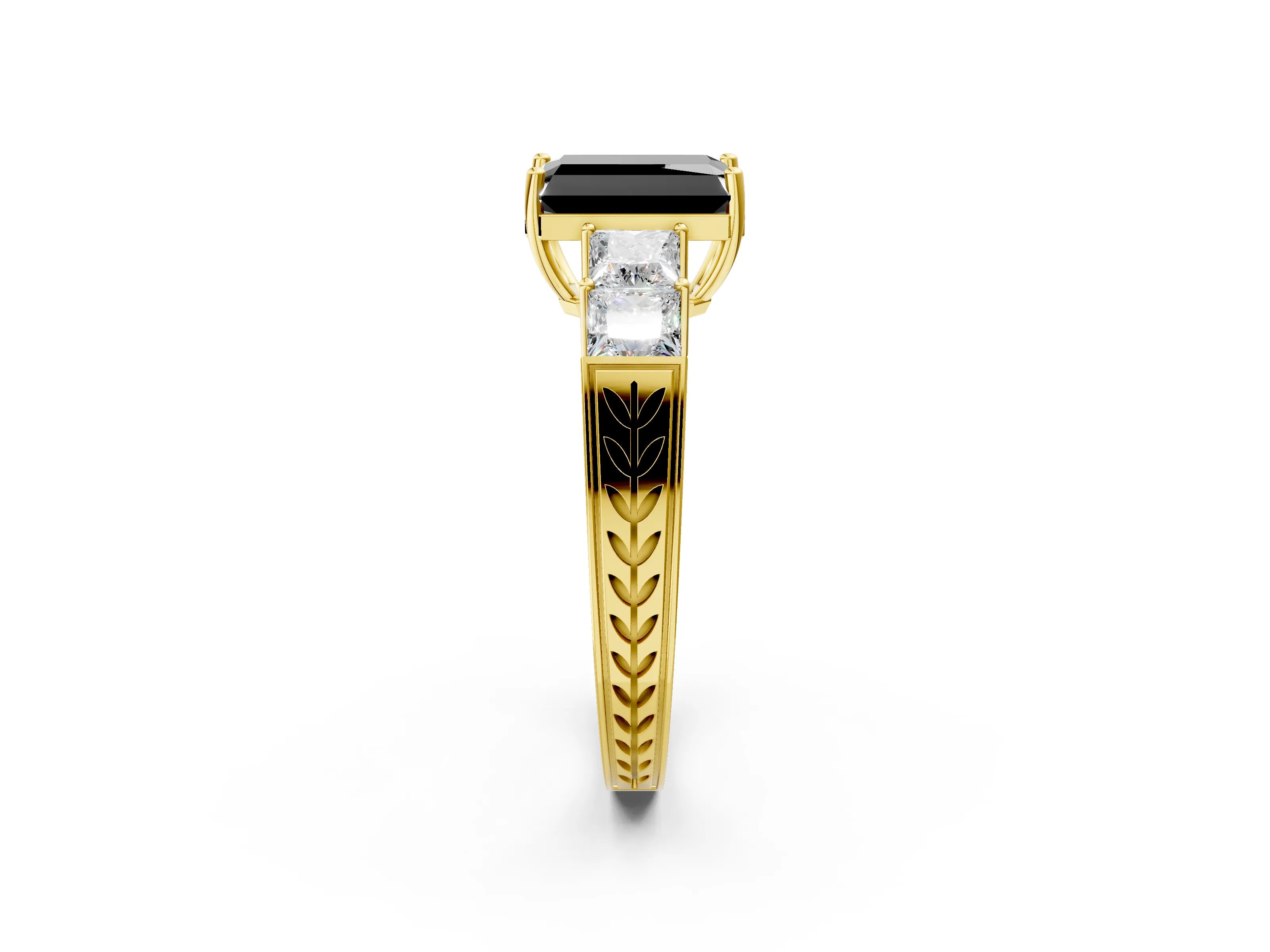 Yellow gold Fancy Black Radiant Cut Solitaire Princess Side Stone Engraved Band Prong Setting Ring_2