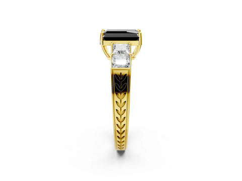 Yellow gold Fancy Black Radiant Cut Solitaire Princess Side Stone Engraved Band Prong Setting Ring_2