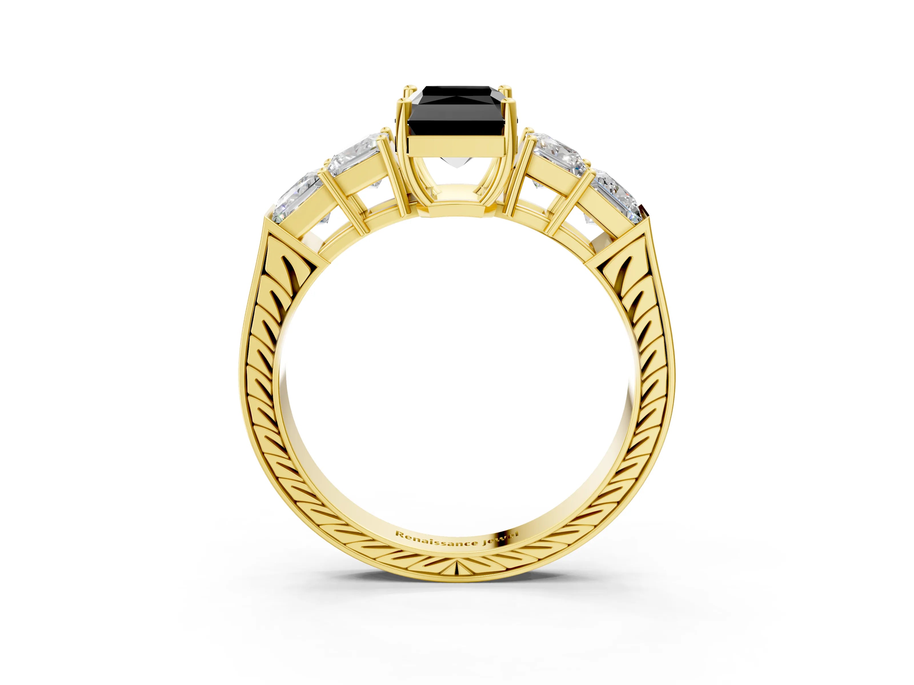 Yellow gold Fancy Black Radiant Cut Solitaire Princess Side Stone Engraved Band Prong Setting Ring_3