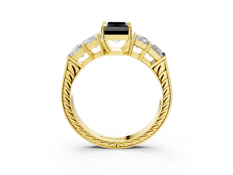 Yellow gold Fancy Black Radiant Cut Solitaire Princess Side Stone Engraved Band Prong Setting Ring_3