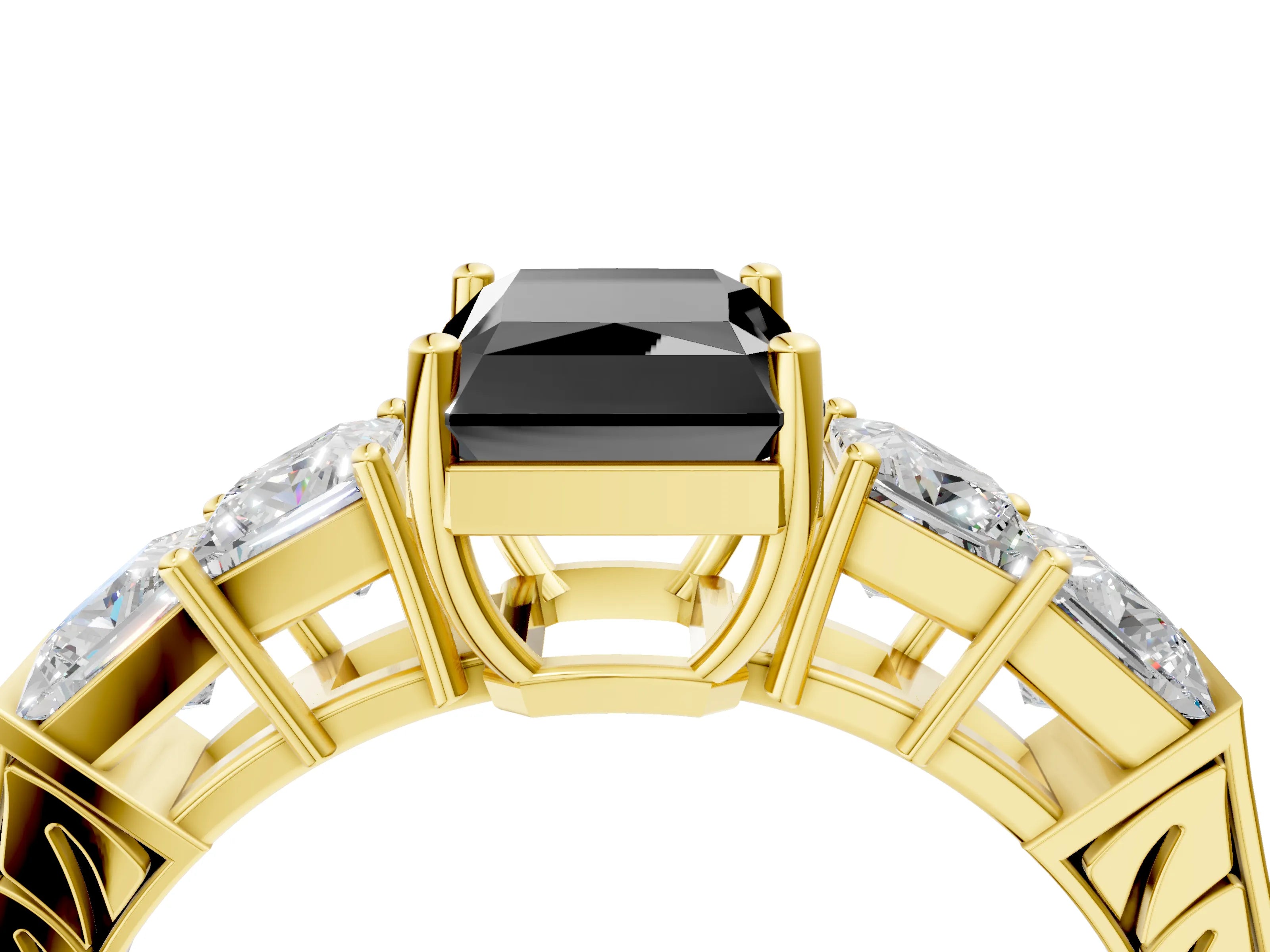 Yellow gold Fancy Black Radiant Cut Solitaire Princess Side Stone Engraved Band Prong Setting Ring_4