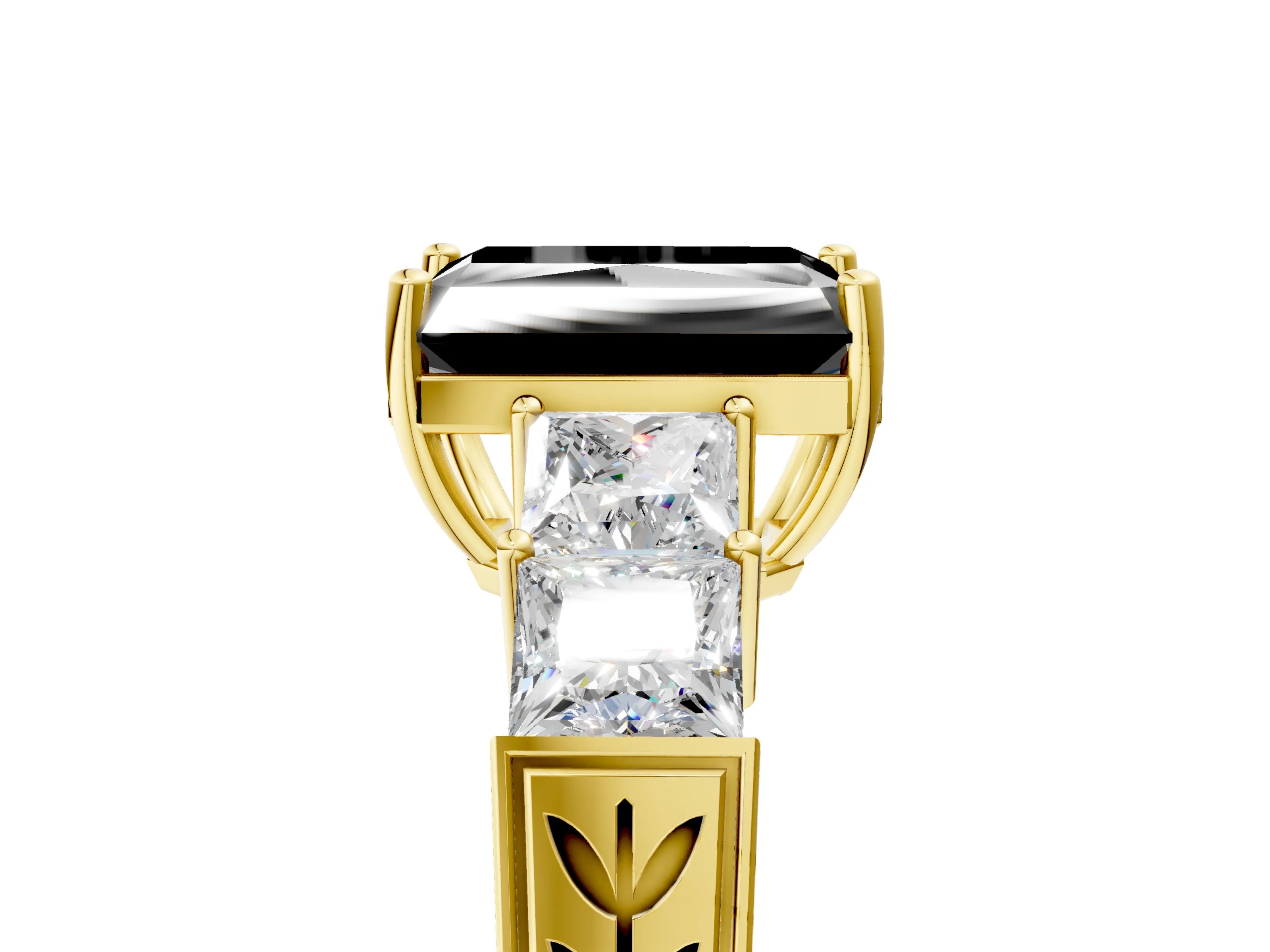 Yellow gold Fancy Black Radiant Cut Solitaire Princess Side Stone Engraved Band Prong Setting Ring_5
