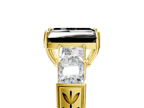 Yellow gold Fancy Black Radiant Cut Solitaire Princess Side Stone Engraved Band Prong Setting Ring_5