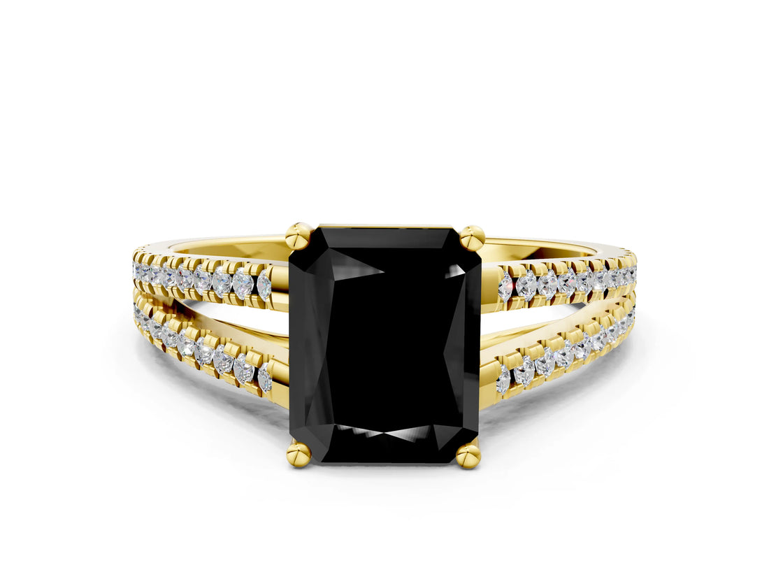 Yellow gold Fancy Black Radiant Cut Solitaire Split Shank Pavé Diamond Engagement Ring