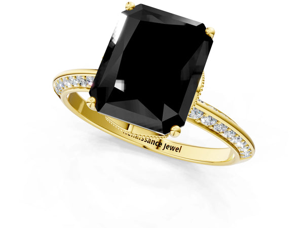 Yellow Gold Radiant Cut Graduated Pave Engagement Ring Setting for Black Center
