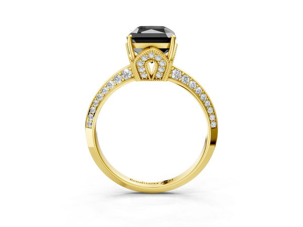 Yellow Gold Radiant Cut Graduated Pave Engagement Ring Setting for Black Center
