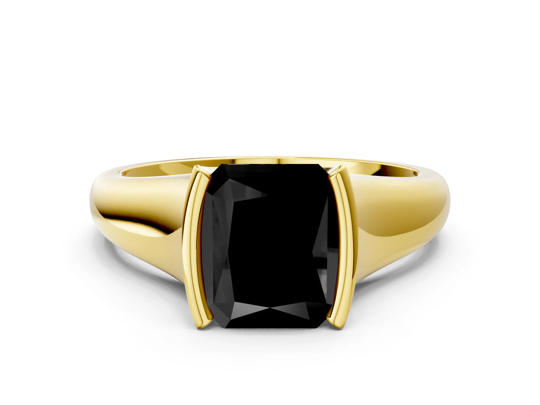 Yellow gold Fancy Black Radiant Cut Solitaire Tension Set Diamond Ring with Split Shank Band