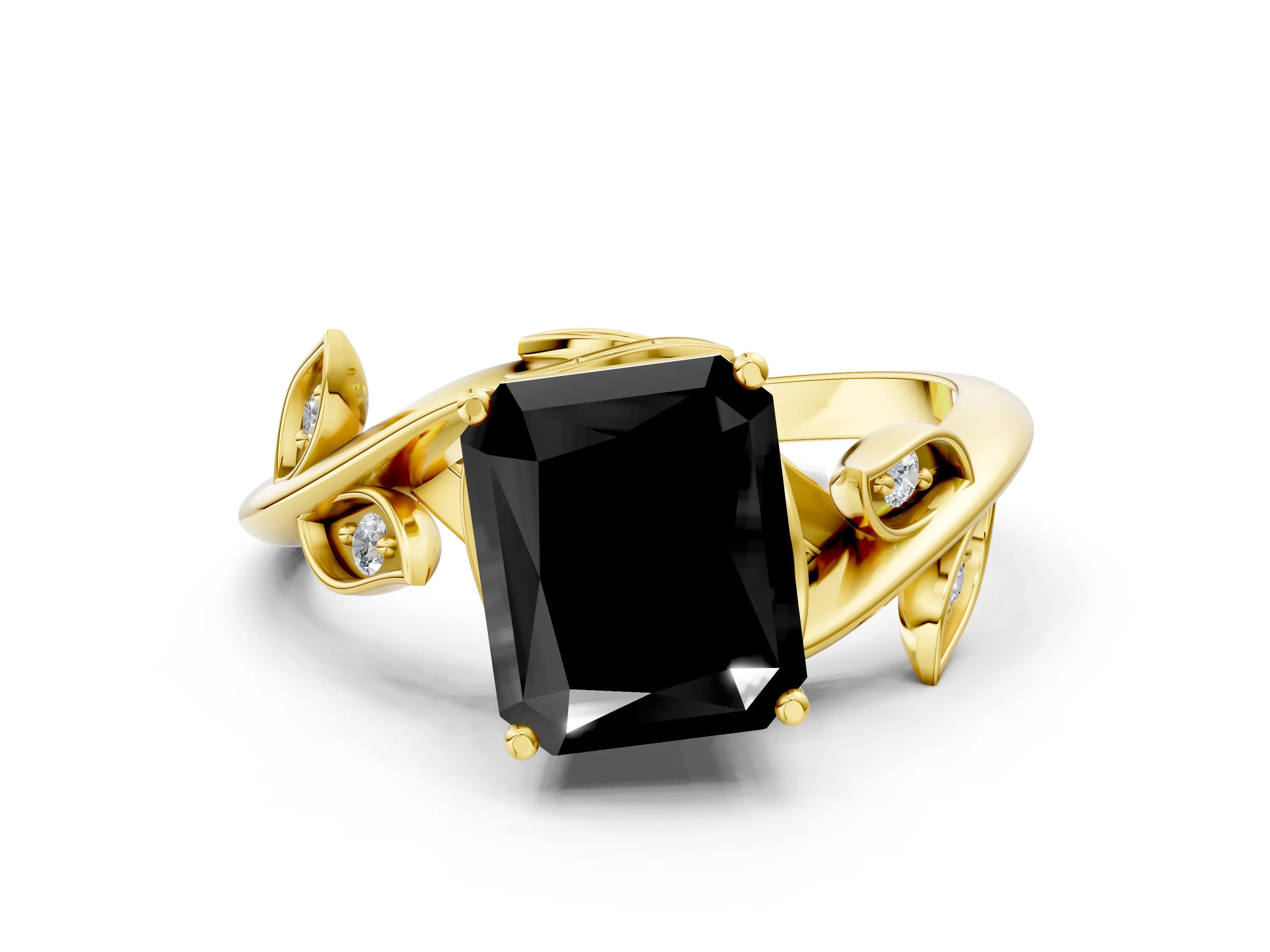 Yellow gold Fancy Black Radiant Cut Solitaire Twist Engagement Ring with Leaf Accents and Prong Setting_12