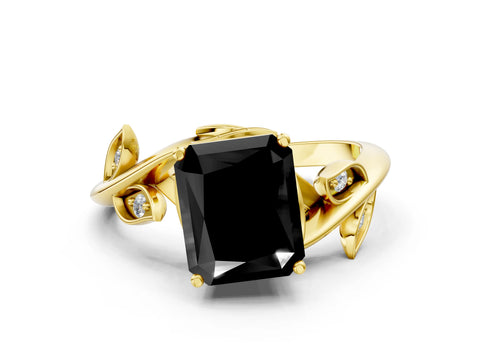 Yellow gold Fancy Black Radiant Cut Solitaire Twist Engagement Ring with Leaf Accents and Prong Setting_12
