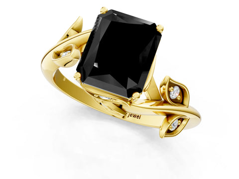 Yellow gold Fancy Black Radiant Cut Solitaire Twist Engagement Ring with Leaf Accents and Prong Setting_13