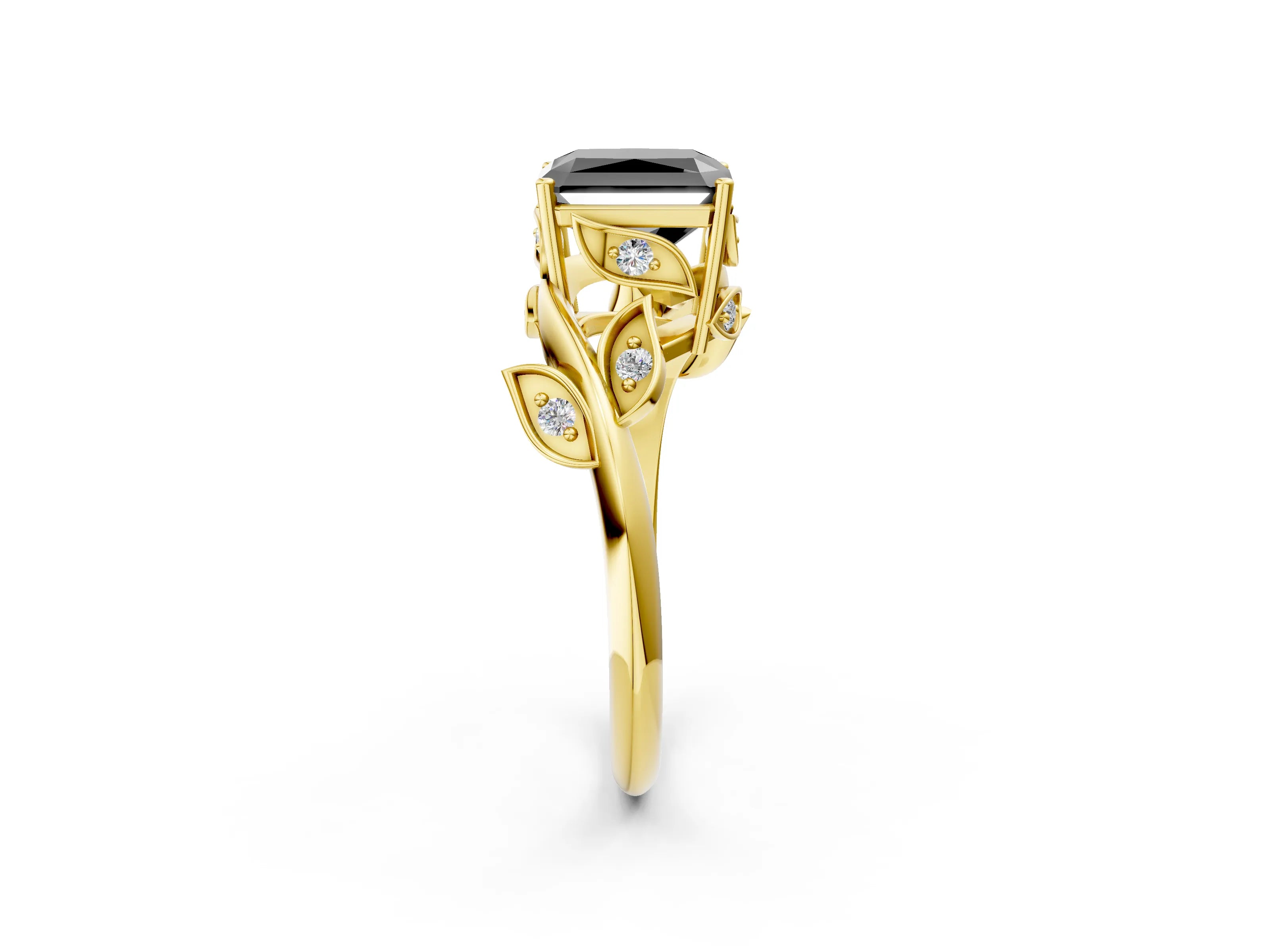 Yellow gold Fancy Black Radiant Cut Solitaire Twist Engagement Ring with Leaf Accents and Prong Setting_14
