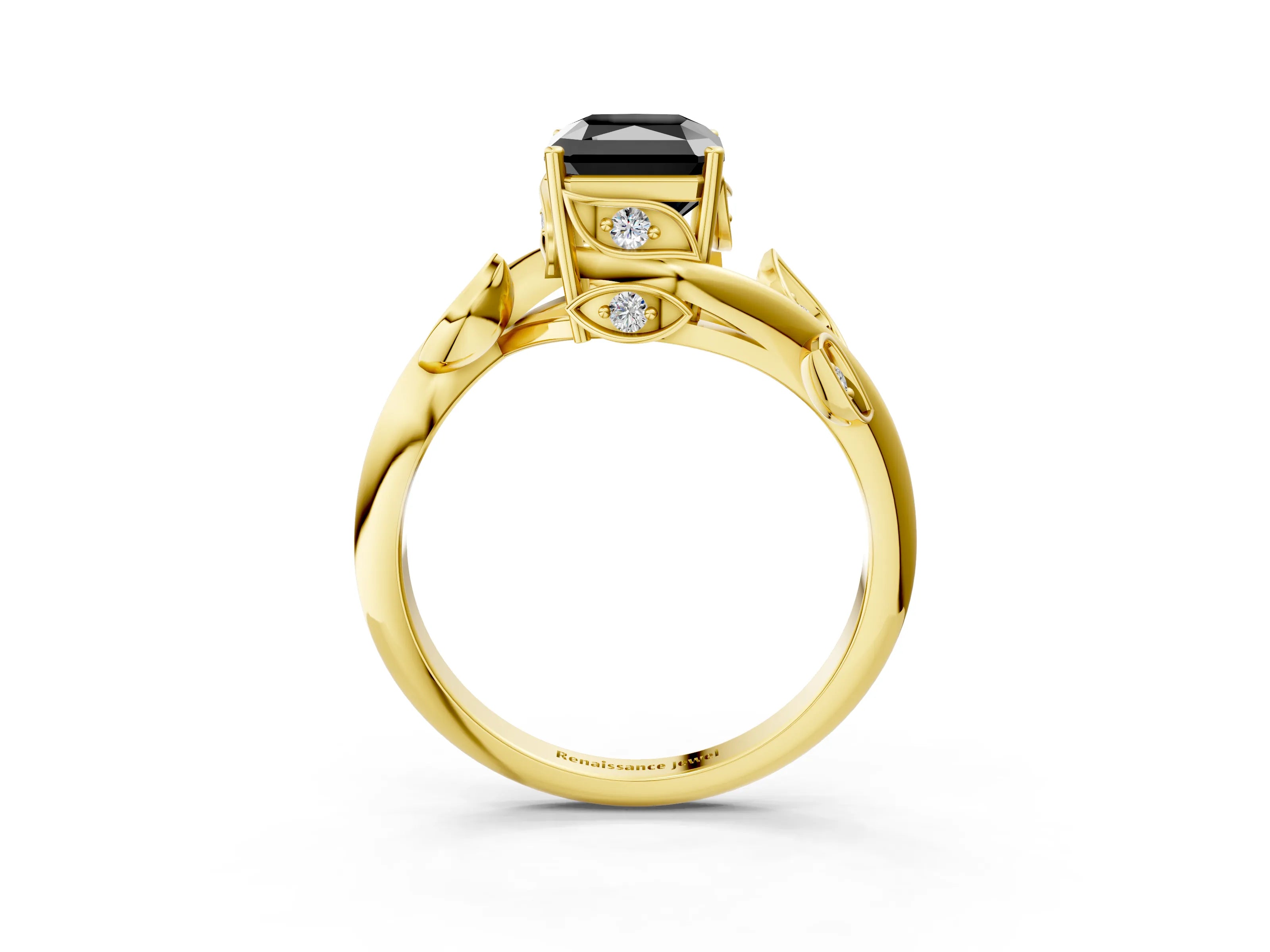 Yellow gold Fancy Black Radiant Cut Solitaire Twist Engagement Ring with Leaf Accents and Prong Setting_15