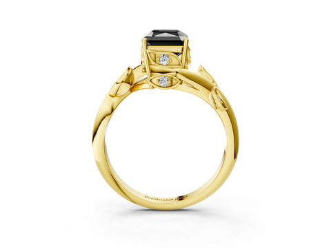 Yellow gold Fancy Black Radiant Cut Solitaire Twist Engagement Ring with Leaf Accents and Prong Setting_15