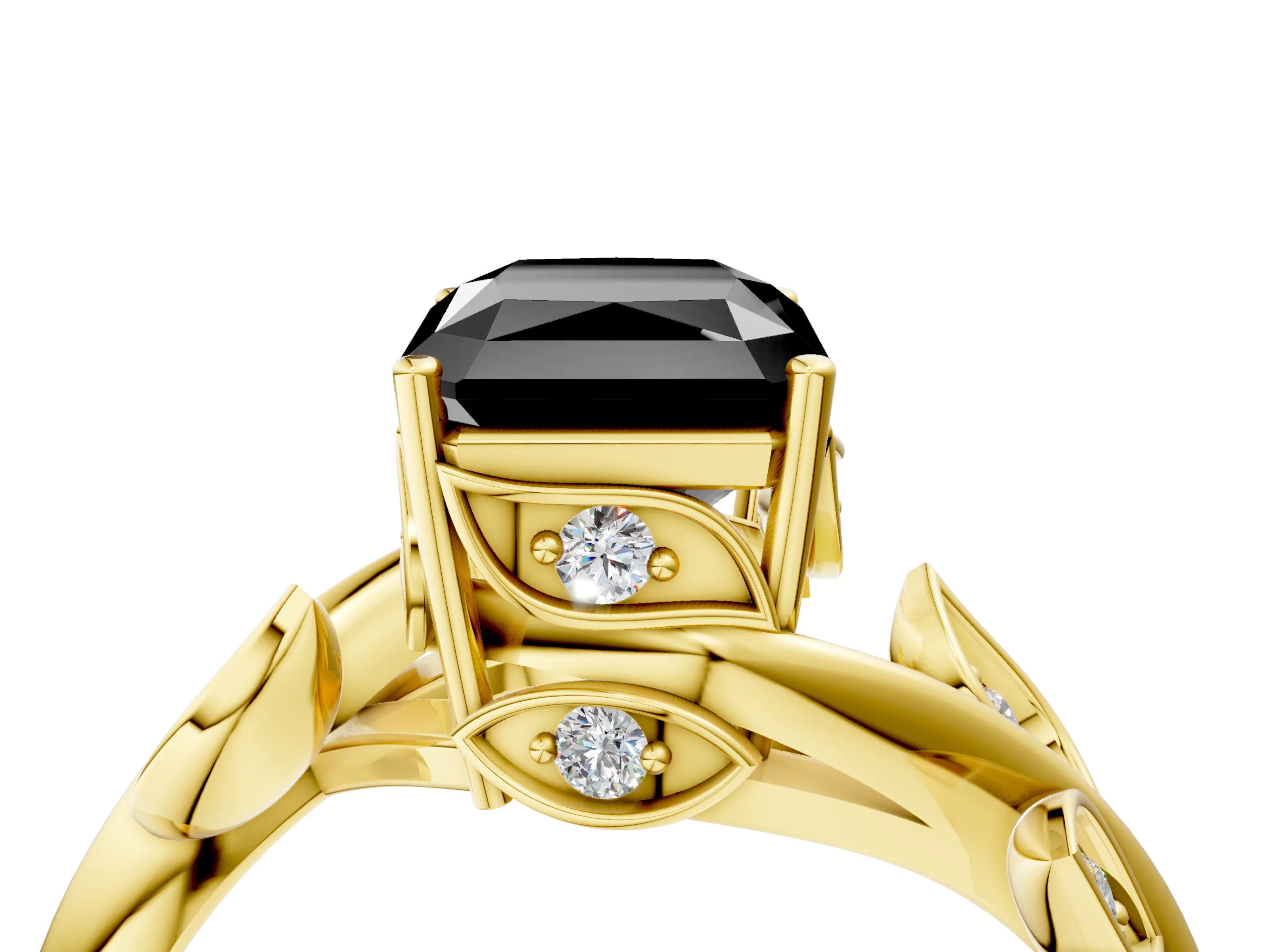 Yellow gold Fancy Black Radiant Cut Solitaire Twist Engagement Ring with Leaf Accents and Prong Setting_16