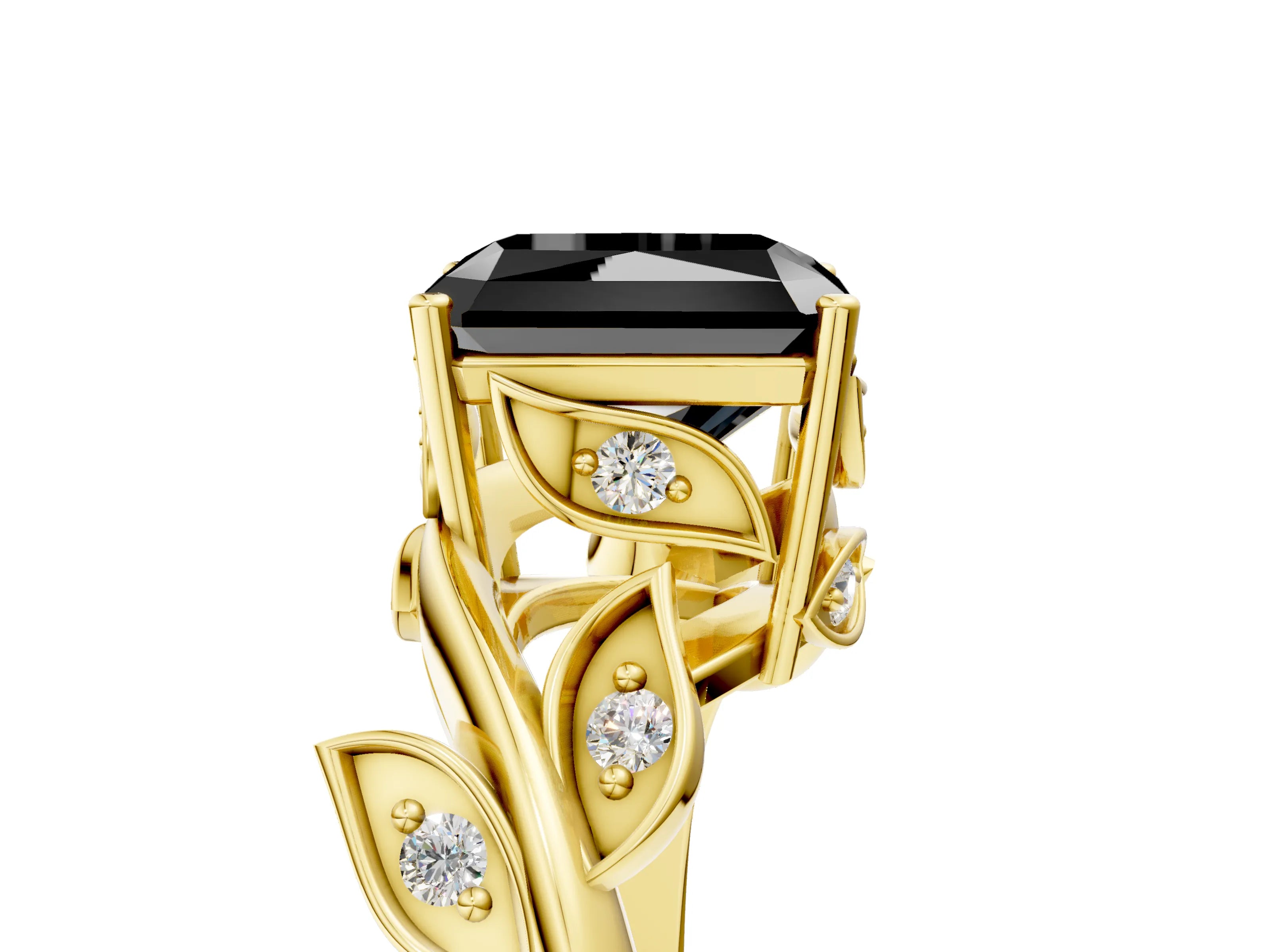 Yellow gold Fancy Black Radiant Cut Solitaire Twist Engagement Ring with Leaf Accents and Prong Setting_17