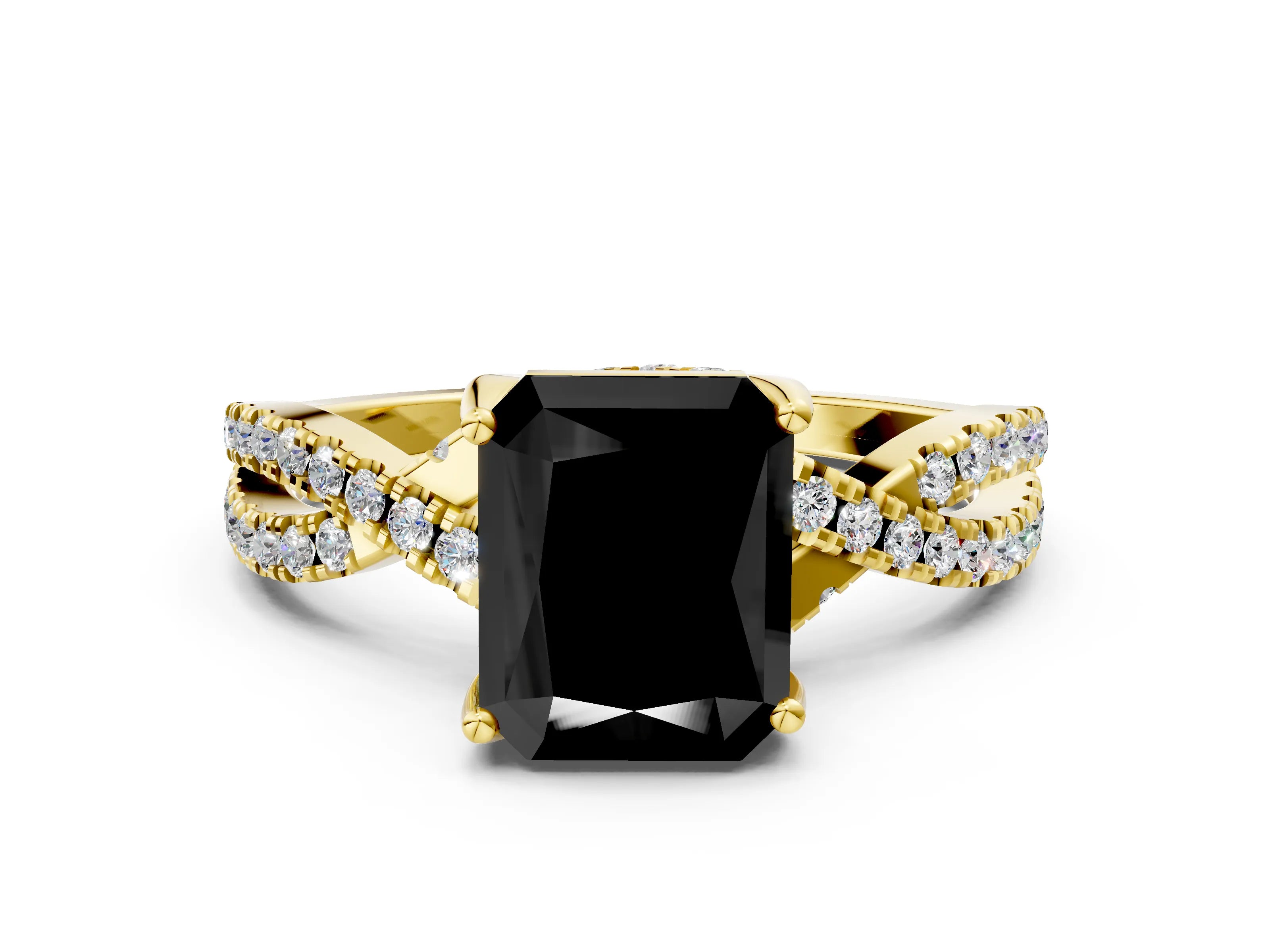 Yellow gold Fancy Black Radiant Cut Solitaire Twist Pave Diamond Engagement Ring with Prong Setting