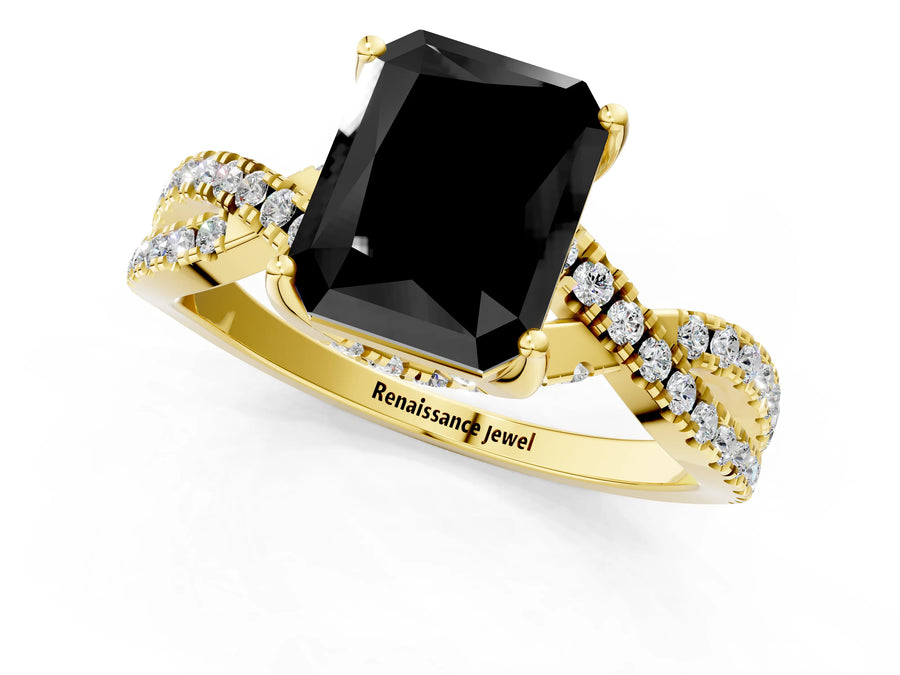 Yellow gold Fancy Black Radiant Cut Solitaire Twist Pave Diamond Engagement Ring with Prong Setting