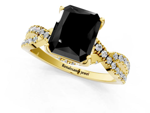Yellow gold Fancy Black Radiant Cut Solitaire Twist Pave Diamond Engagement Ring with Prong Setting_1