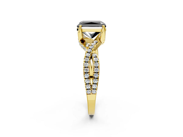 Yellow gold Fancy Black Radiant Cut Solitaire Twist Pave Diamond Engagement Ring with Prong Setting