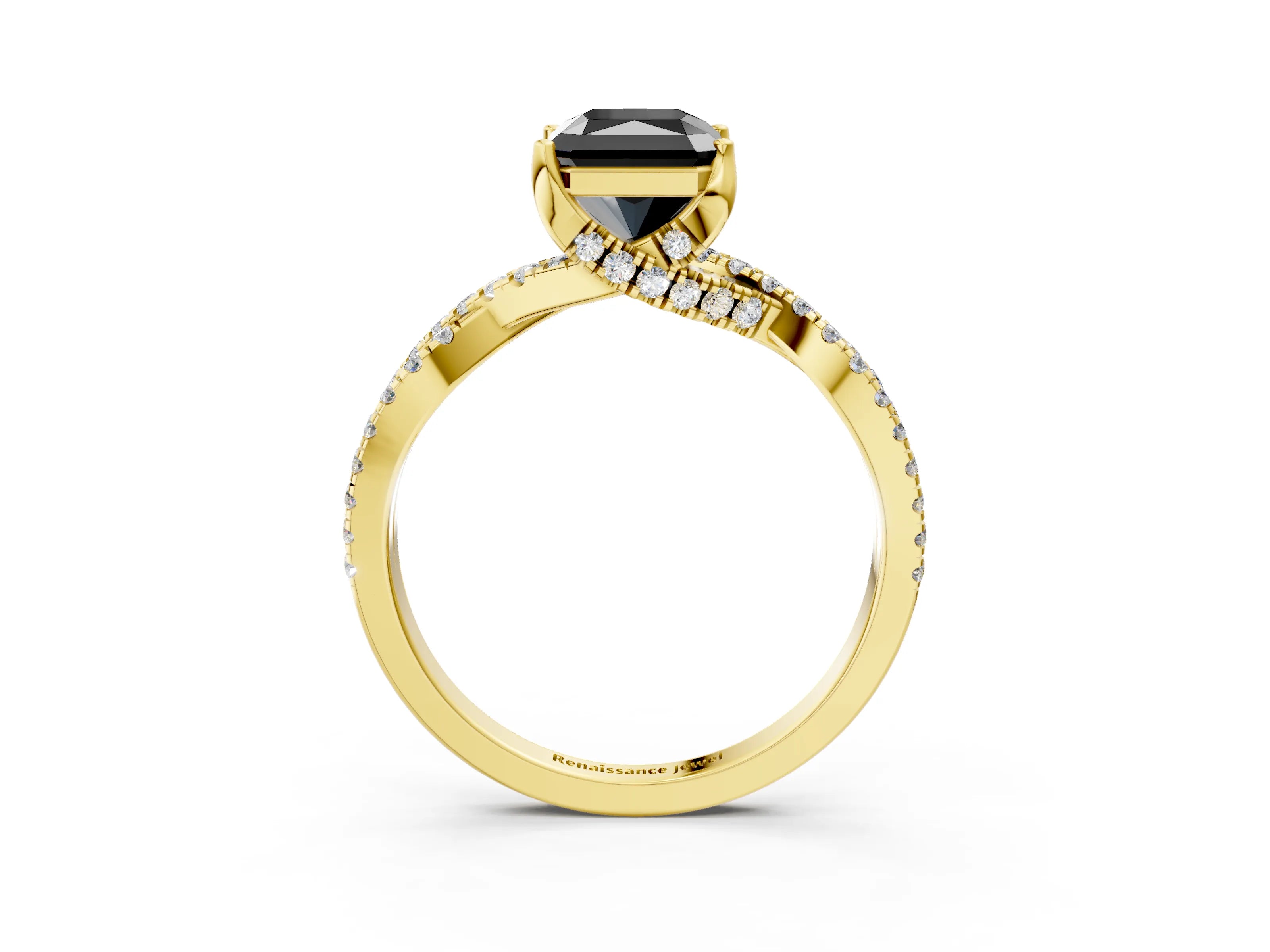 Yellow gold Fancy Black Radiant Cut Solitaire Twist Pave Diamond Engagement Ring with Prong Setting_3