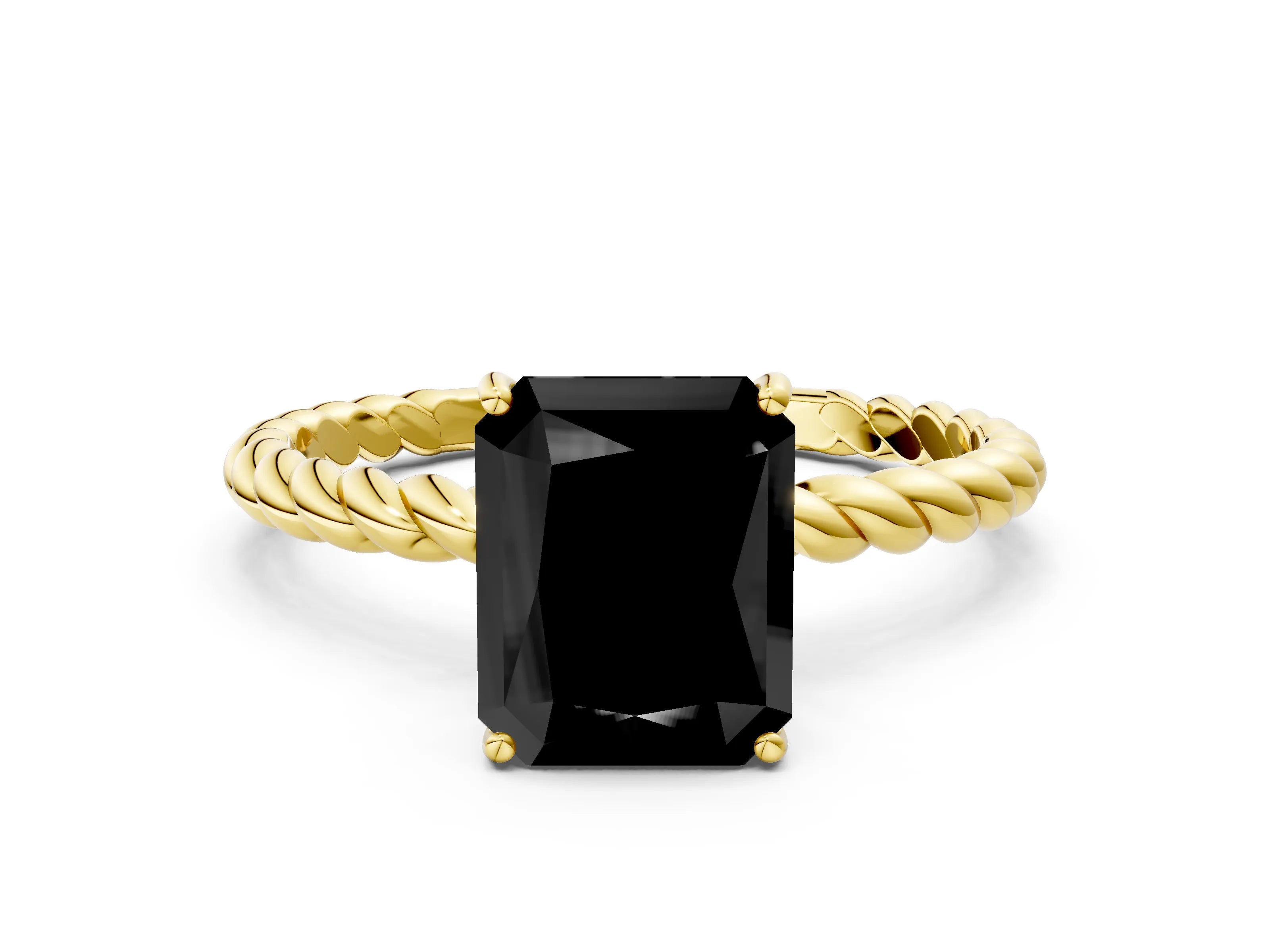 Yellow gold Fancy Black Radiant Cut Solitaire Twisted Band 4-Prong Ring
