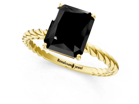 Yellow gold Fancy Black Radiant Cut Solitaire Twisted Band 4-Prong Ring_1