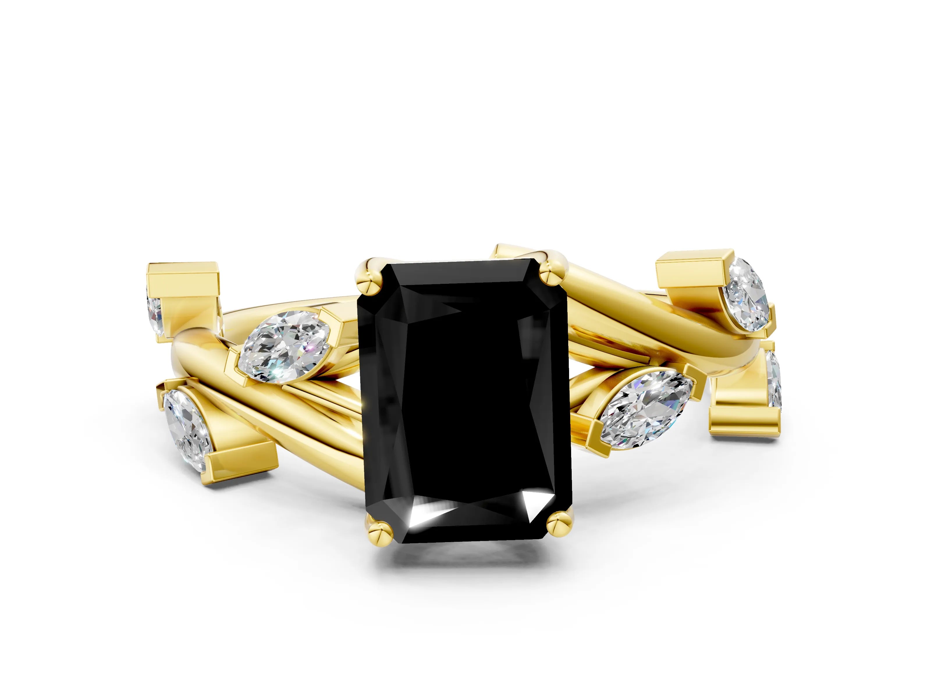 Yellow gold Fancy Black Radiant Cut Solitaire Twisted Band Marquise Accent Prong Setting Ring