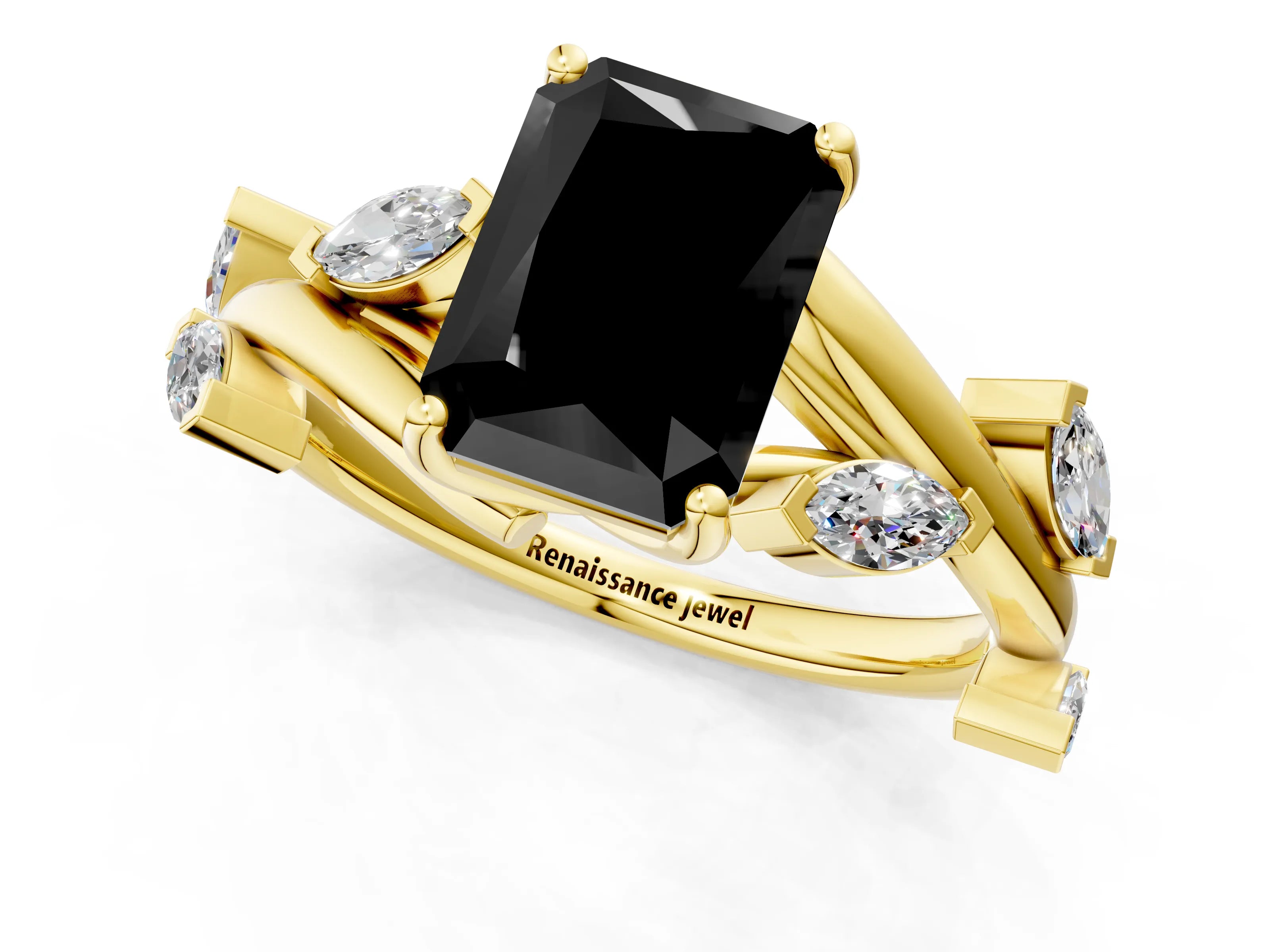 Yellow gold Fancy Black Radiant Cut Solitaire Twisted Band Marquise Accent Prong Setting Ring_1