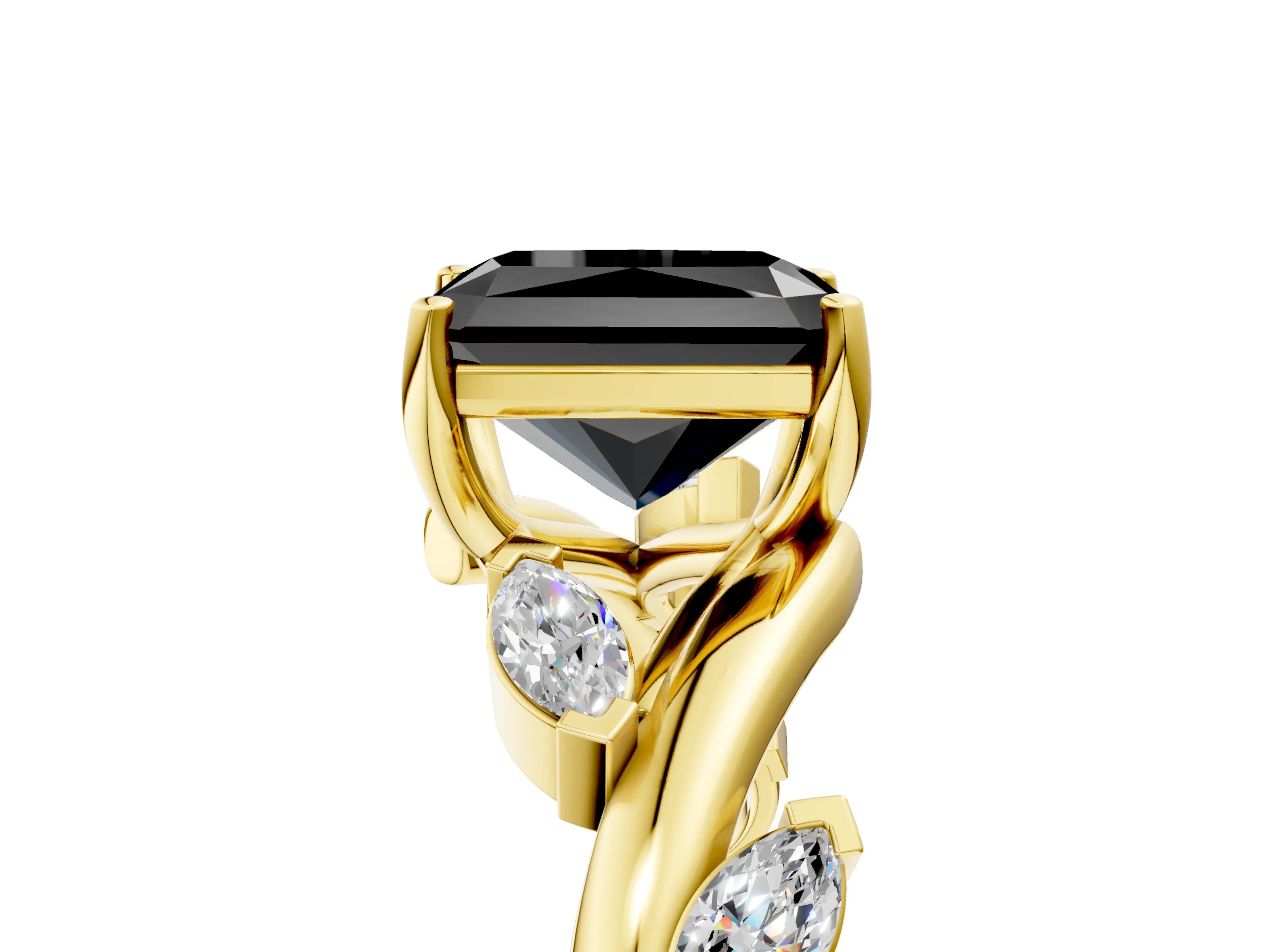 Yellow gold Fancy Black Radiant Cut Solitaire Twisted Band Marquise Accent Prong Setting Ring_5