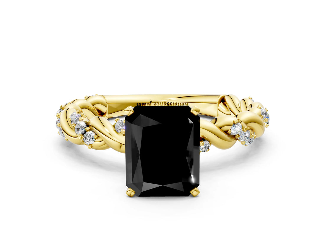 Yellow gold Fancy Black Radiant Cut Solitaire Twisted Band with Pavé Accents and Four-Prong Setting