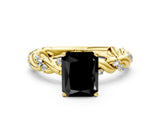 Yellow gold Fancy Black Radiant Cut Solitaire Twisted Band with Pavé Accents and Four-Prong Setting