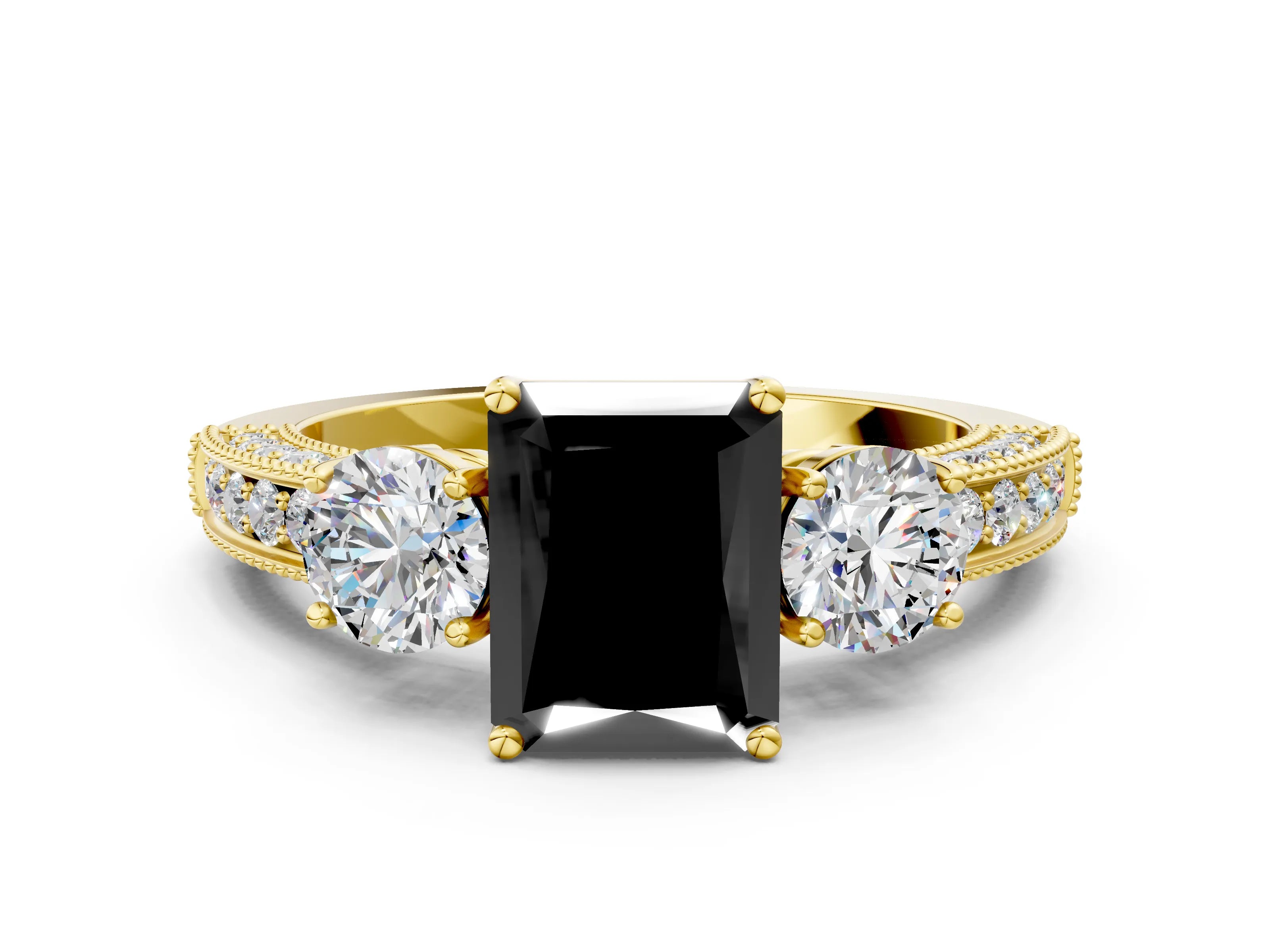 Yellow gold Fancy Black Radiant Cut Three-Stone Diamond Ring with Pavé Band and Four-Prong Setting