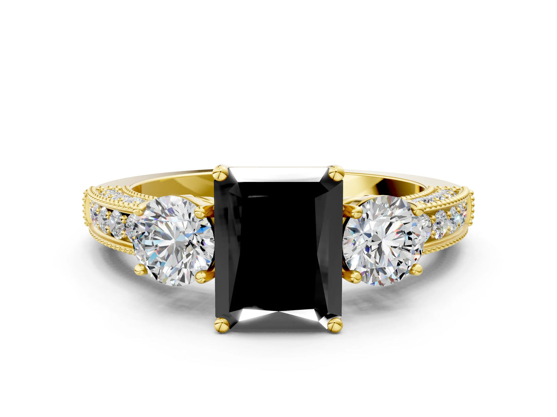 Yellow gold Fancy Black Radiant Cut Three-Stone Diamond Ring with Pavé Band and Four-Prong Setting