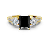 Yellow gold Fancy Black Radiant Cut Three-Stone Diamond Ring with Pavé Band and Four-Prong Setting
