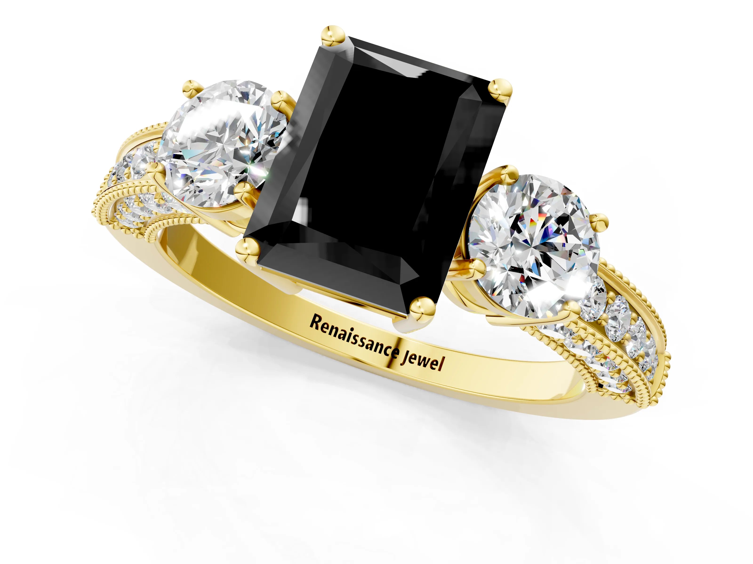 Yellow gold Fancy Black Radiant Cut Three-Stone Diamond Ring with Pavé Band and Four-Prong Setting_1