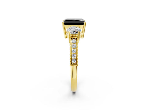 Yellow gold Fancy Black Radiant Cut Three-Stone Diamond Ring with Pavé Band and Four-Prong Setting_2