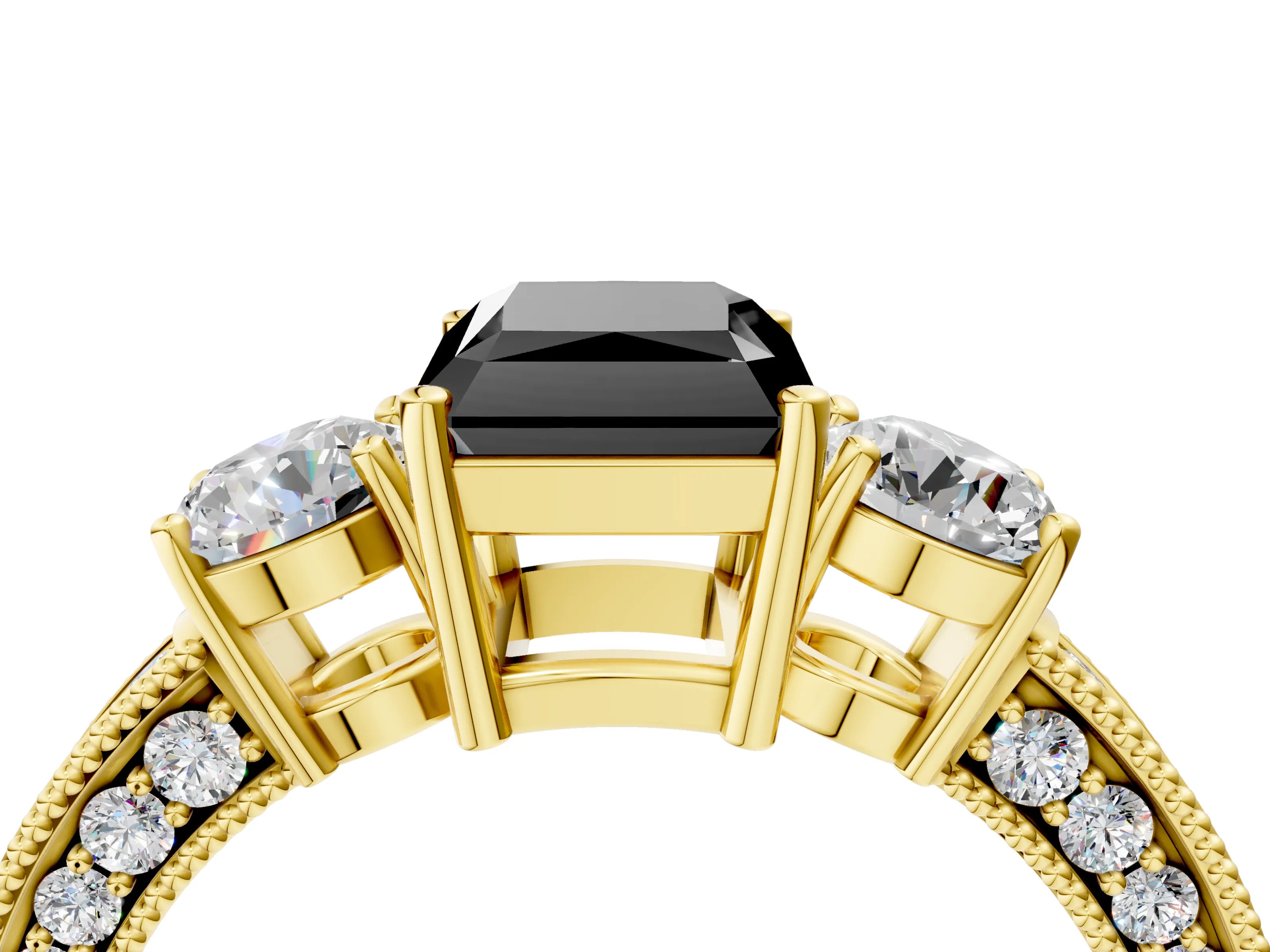 Yellow gold Fancy Black Radiant Cut Three-Stone Diamond Ring with Pavé Band and Four-Prong Setting_4