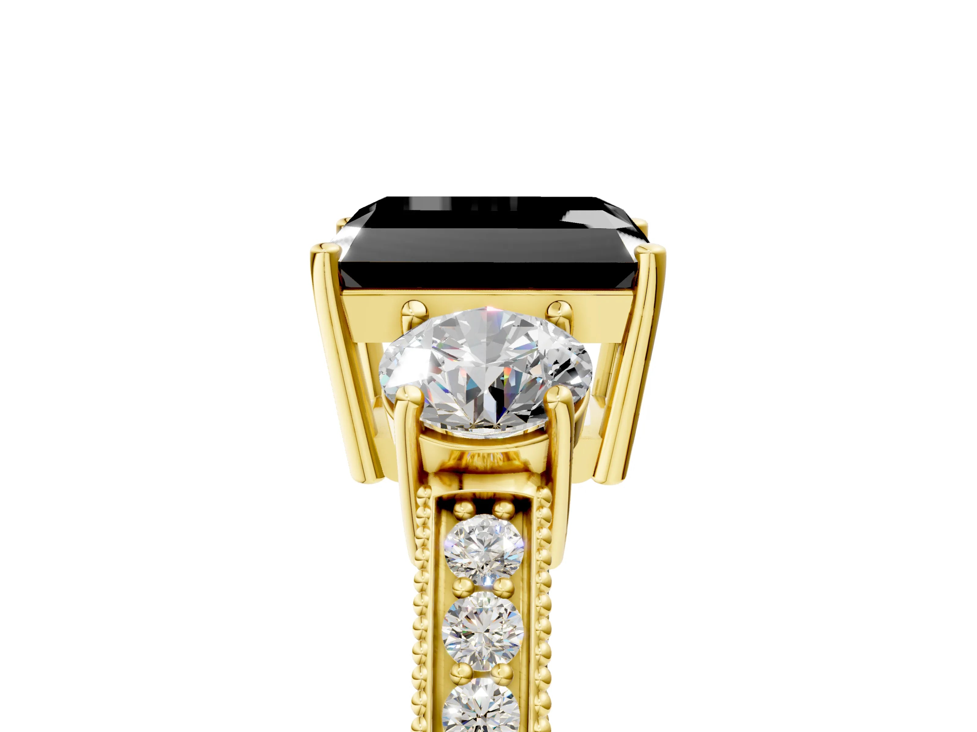 Yellow gold Fancy Black Radiant Cut Three-Stone Diamond Ring with Pavé Band and Four-Prong Setting_5